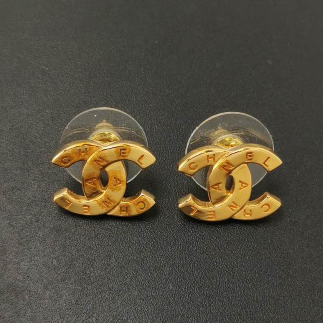 Chanel CC Paris Button Stud Earrings Gold Colour