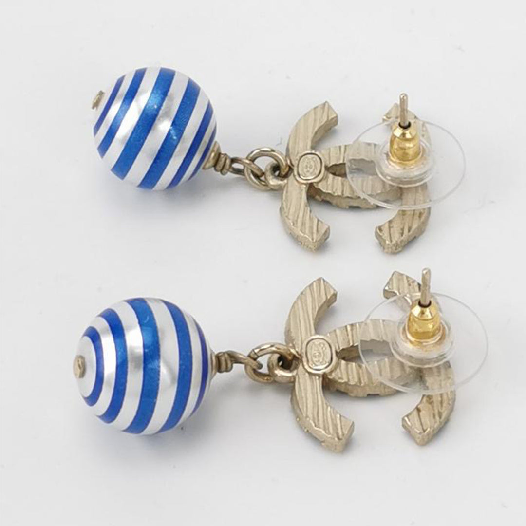 Chanel Resin Faux Pearl Striped CC Drop Earrings Blue Gold