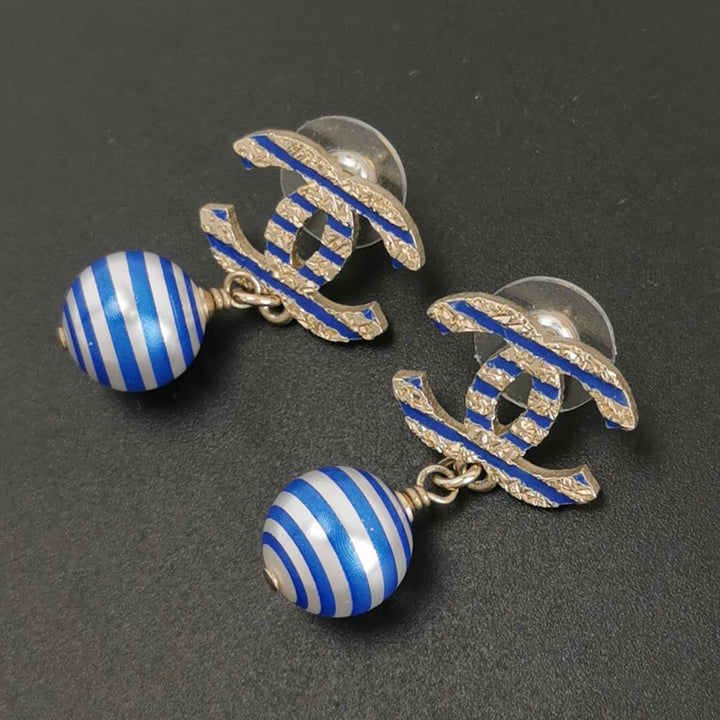 Chanel Resin Faux Pearl Striped CC Drop Earrings Blue Gold