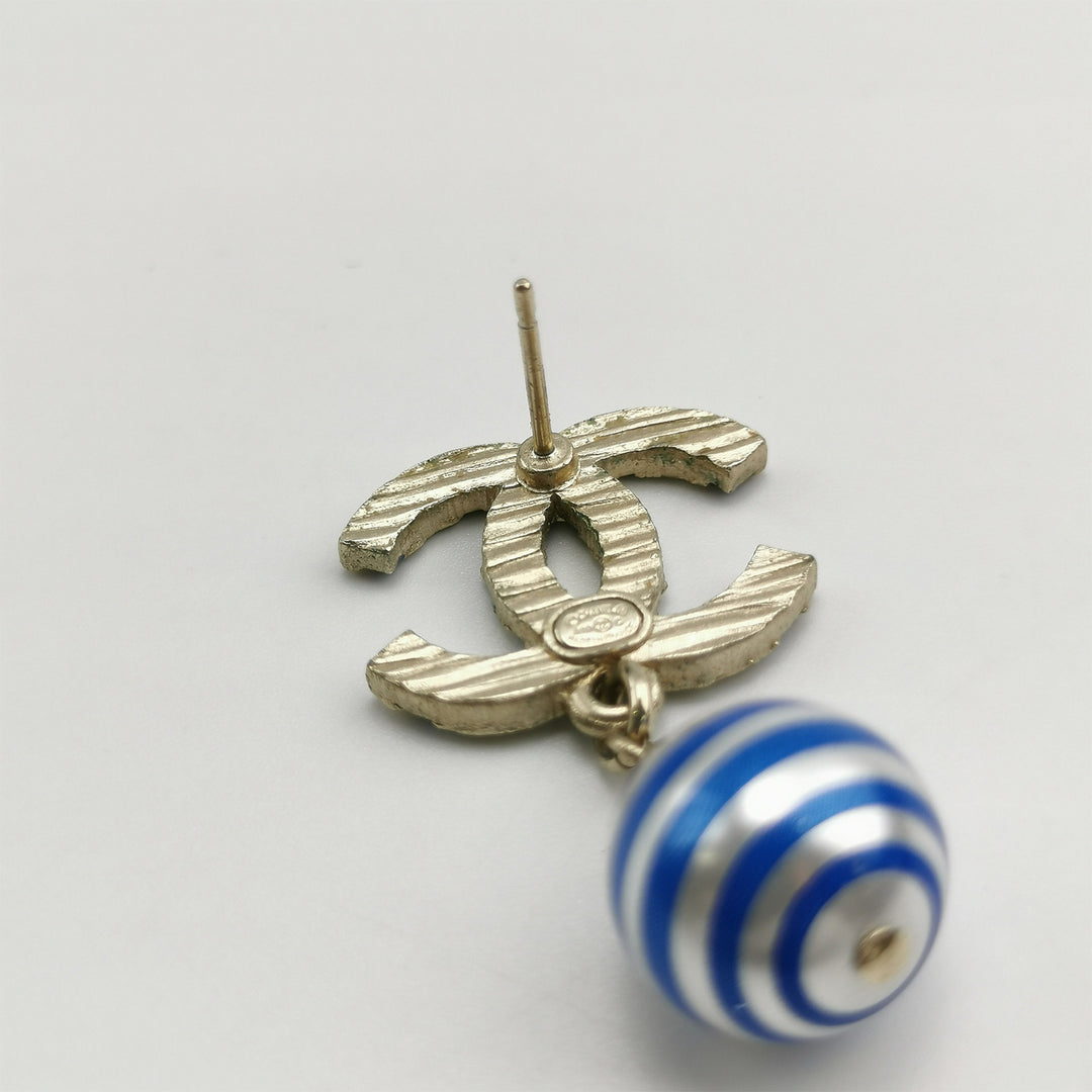 Chanel Resin Faux Pearl Striped CC Drop Earrings Blue Gold