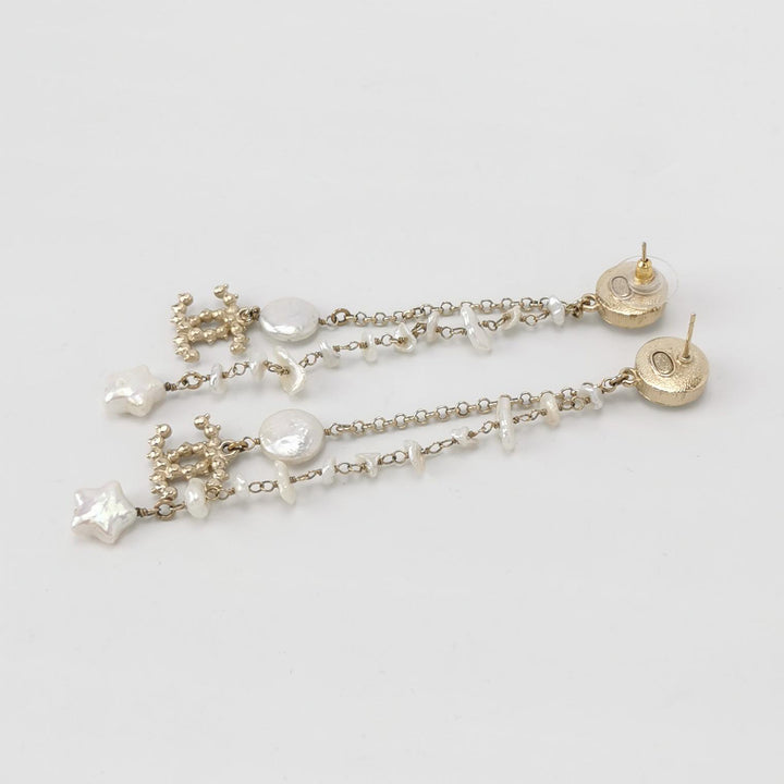 Chanel Dangle CC Logo Faux Pearl Star Earrings