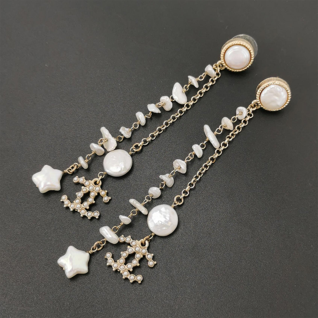 Chanel Dangle CC Logo Faux Pearl Star Earrings