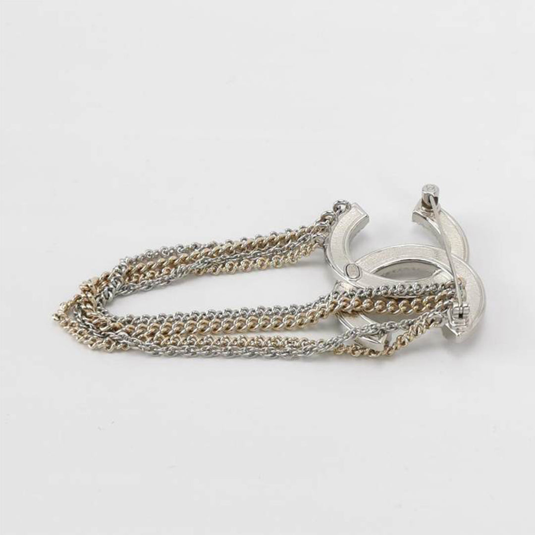 Chanel Crystal Multi Strand Chain CC Brooch Silver Gold