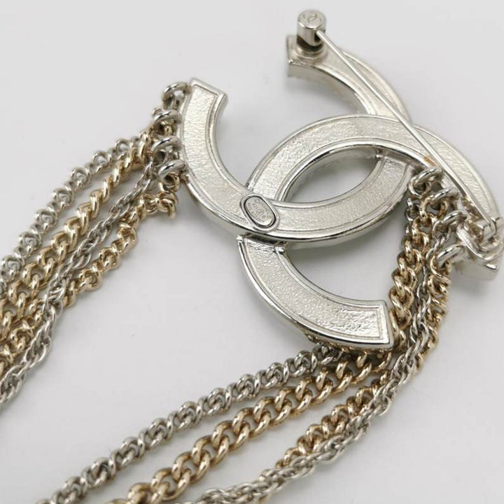 Chanel Crystal Multi Strand Chain CC Brooch Silver Gold