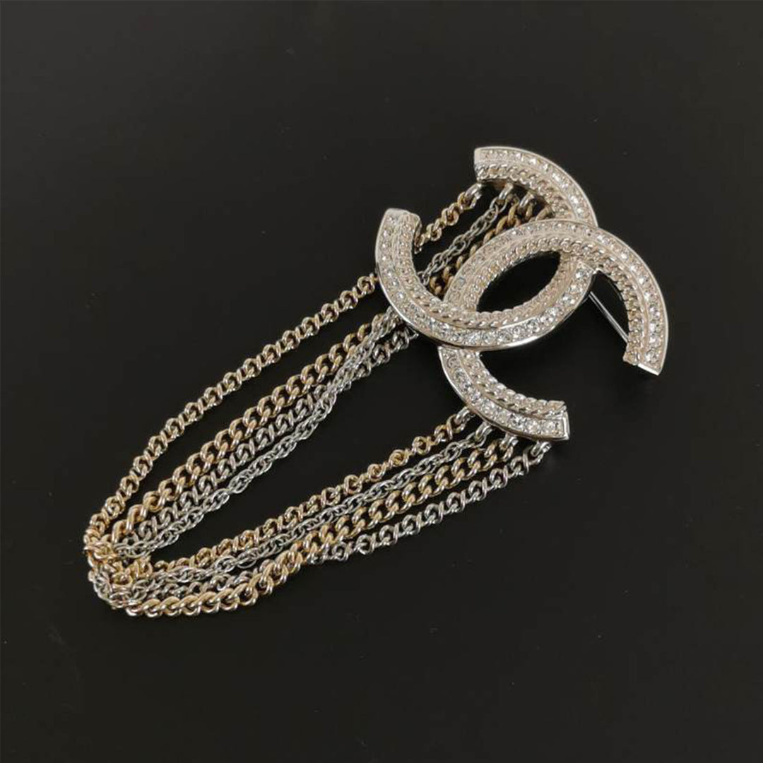 Chanel Crystal Multi Strand Chain CC Brooch Silver Gold