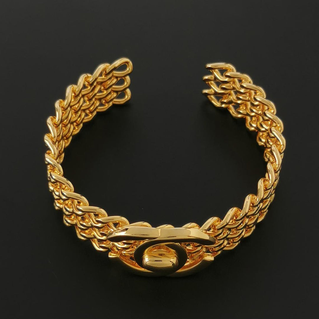 Chanel Vintage CC Turnlock and Chains Gold Toned Cuff Bracelet