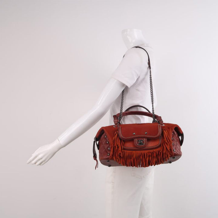 Chanel 2014 Burgundy Pony Hair And Leather Fringe Paris-Dallas Bowling Bag