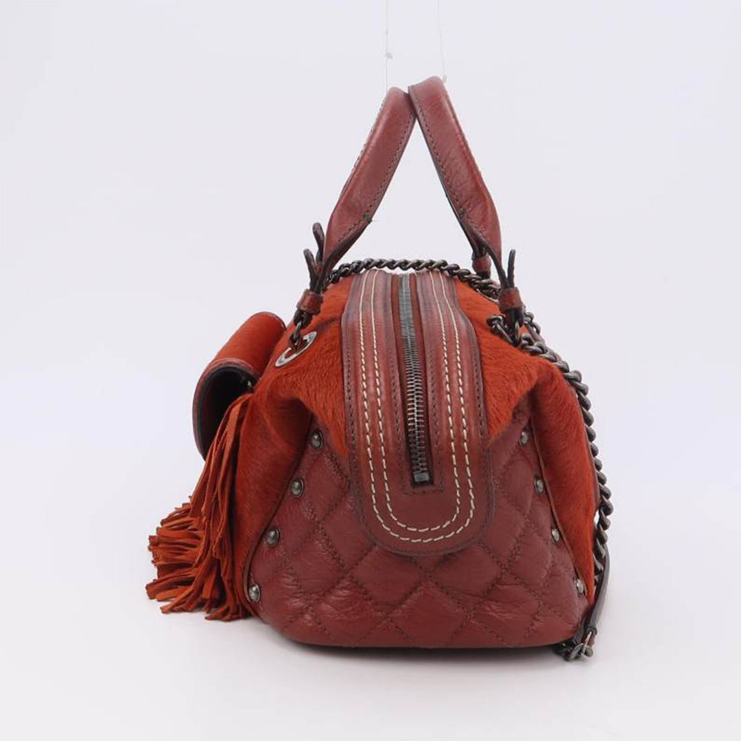 Chanel 2014 Burgundy Pony Hair And Leather Fringe Paris-Dallas Bowling Bag