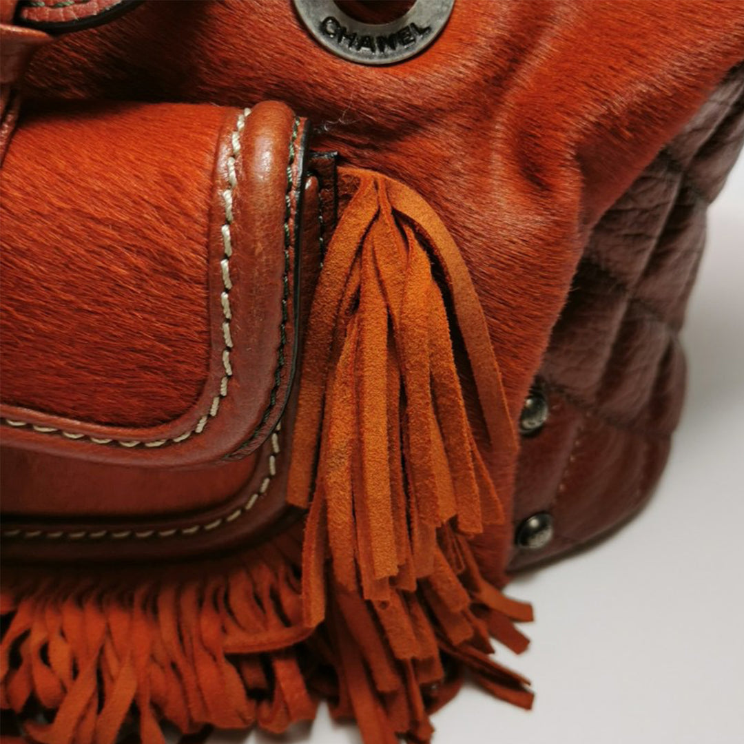 Chanel 2014 Burgundy Pony Hair And Leather Fringe Paris-Dallas Bowling Bag