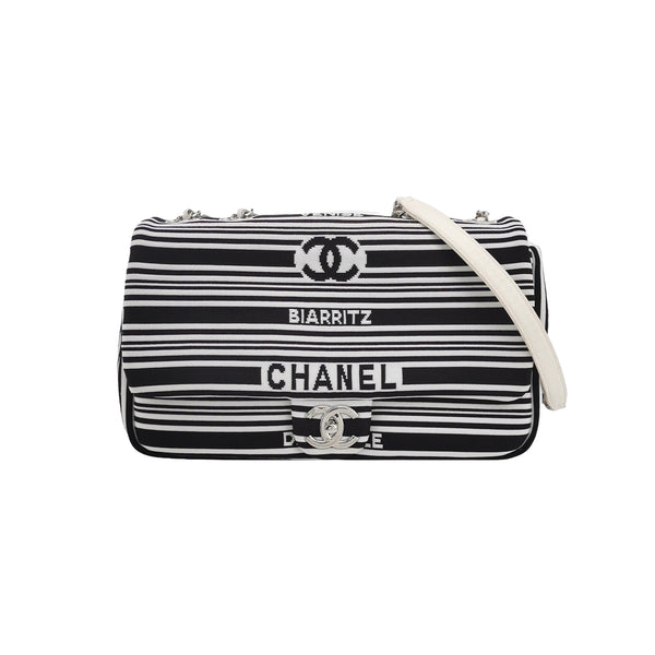 Chanel Venise Biarritz Single Flap Bag Monochrome Striped Canvas Silver Hardware