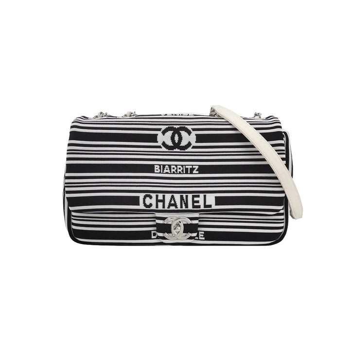 Chanel Venise Biarritz Single Flap Bag Monochrome Striped Canvas Silver Hardware