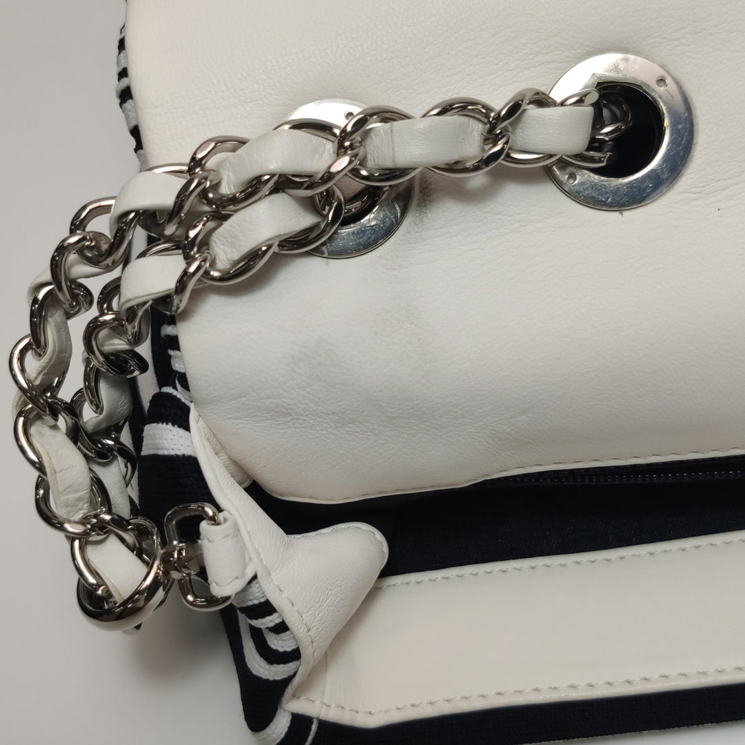 Chanel Venise Biarritz Single Flap Bag Monochrome Striped Canvas Silver Hardware