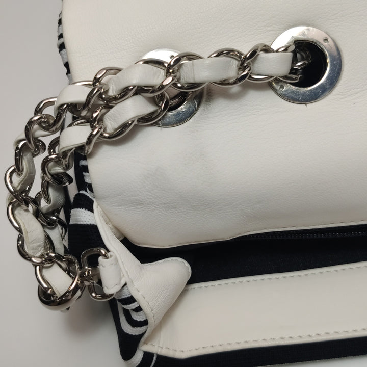 Chanel Venise Biarritz Single Flap Bag Monochrome Striped Canvas Silver Hardware