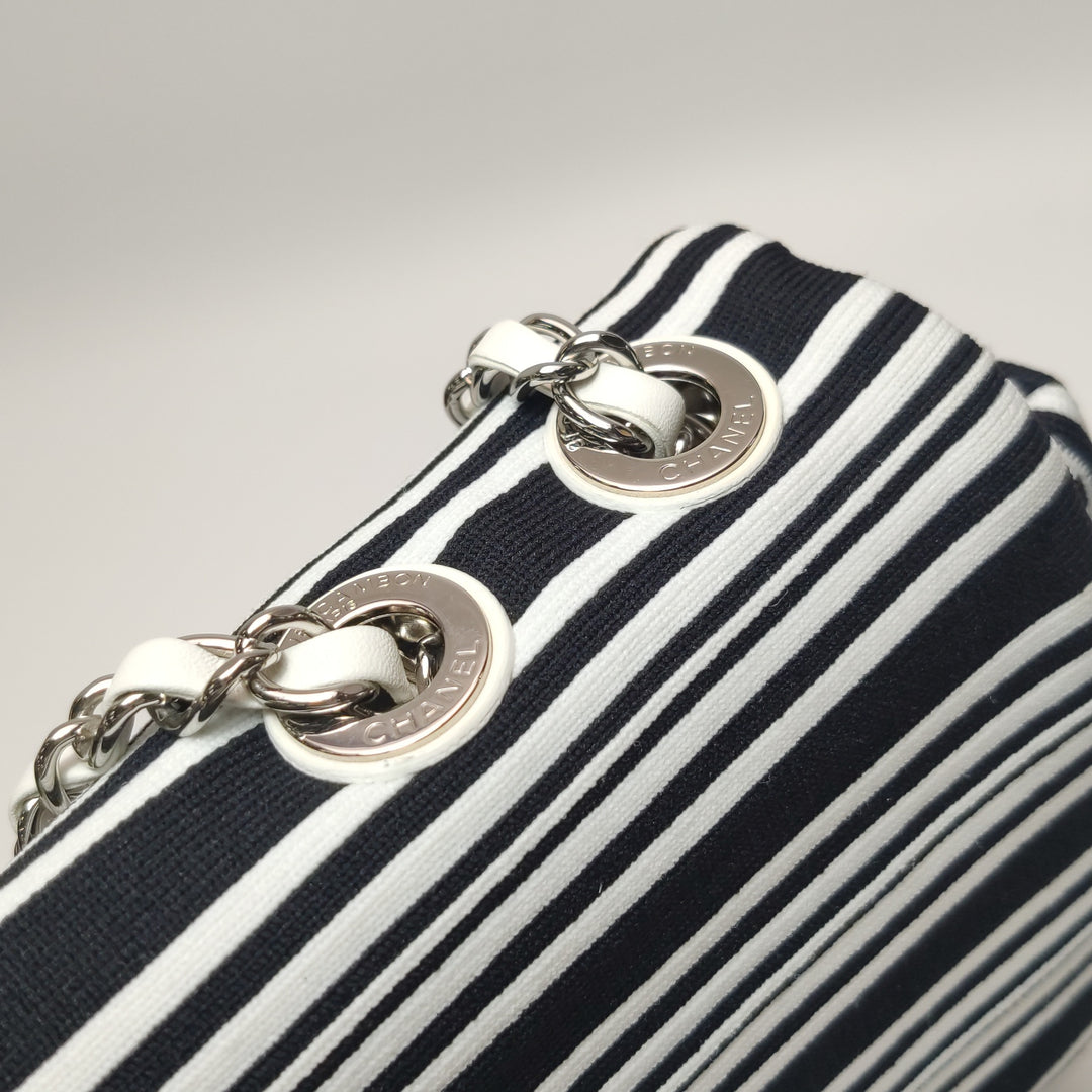 Chanel Venise Biarritz Single Flap Bag Monochrome Striped Canvas Silver Hardware