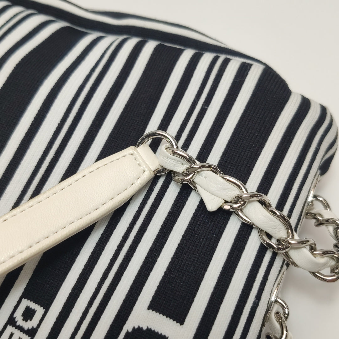 Chanel Venise Biarritz Single Flap Bag Monochrome Striped Canvas Silver Hardware