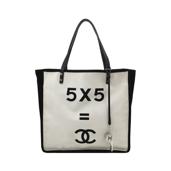 Chanel 5x5 "Let's Demonstrate" Statement Tote Bag White Canvas Black Leather Silver Hardware