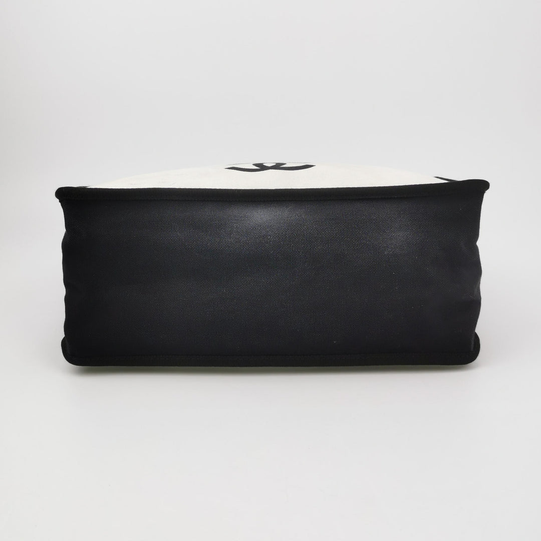 Chanel 5x5 "Let's Demonstrate" Statement Tote Bag White Canvas Black Leather Silver Hardware
