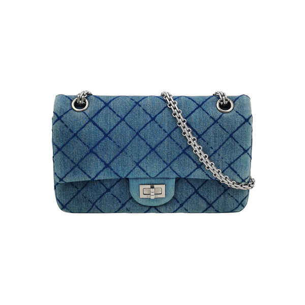 Chanel 2.55 Reissue 225 Double Flap Bag Blue Printed Denim Silver Hardware