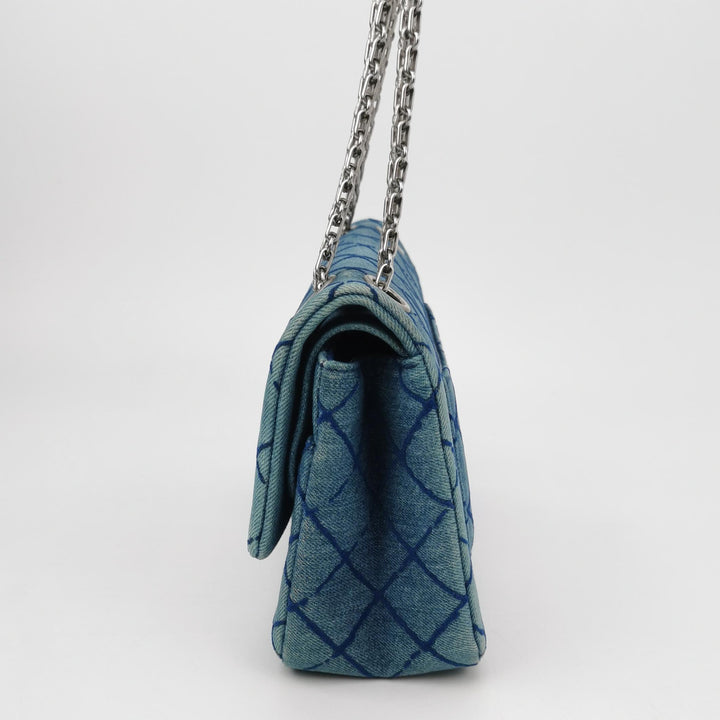 Chanel 2.55 Reissue 225 Double Flap Bag Blue Printed Denim Silver Hardware
