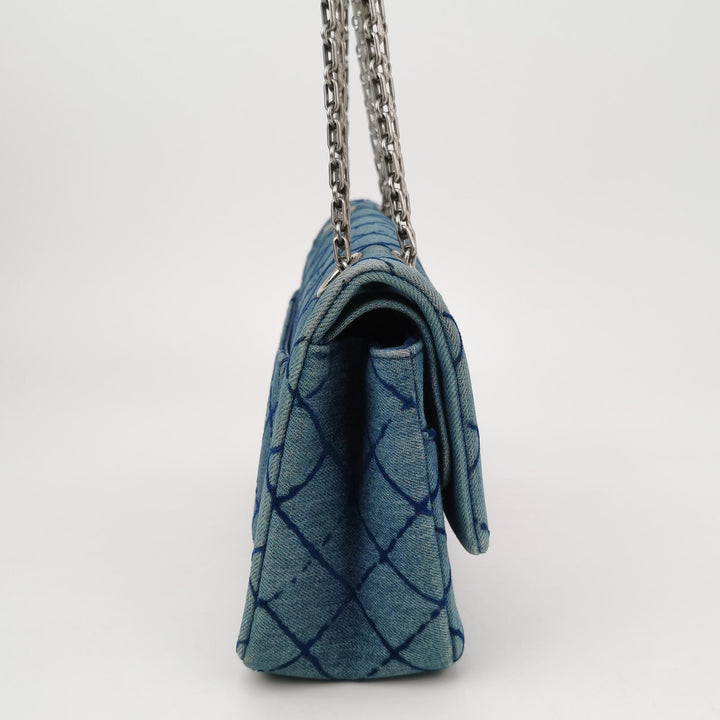Chanel 2.55 Reissue 225 Double Flap Bag Blue Printed Denim Silver Hardware