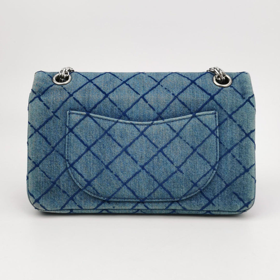 Chanel 2.55 Reissue 225 Double Flap Bag Blue Printed Denim Silver Hardware