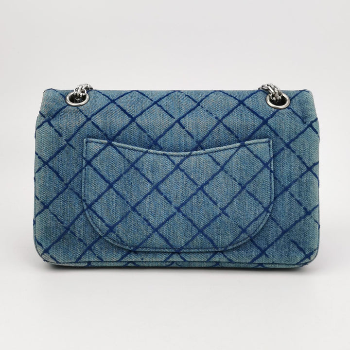 Chanel 2.55 Reissue 225 Double Flap Bag Blue Printed Denim Silver Hardware