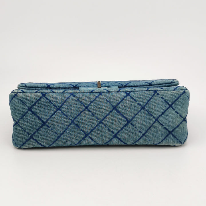 Chanel 2.55 Reissue 225 Double Flap Bag Blue Printed Denim Silver Hardware