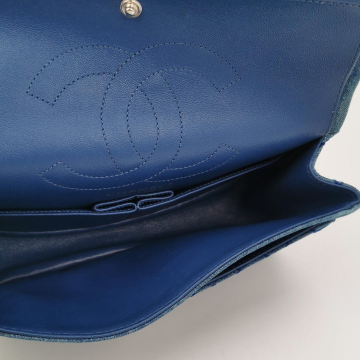 Chanel 2.55 Reissue 225 Double Flap Bag Blue Printed Denim Silver Hardware