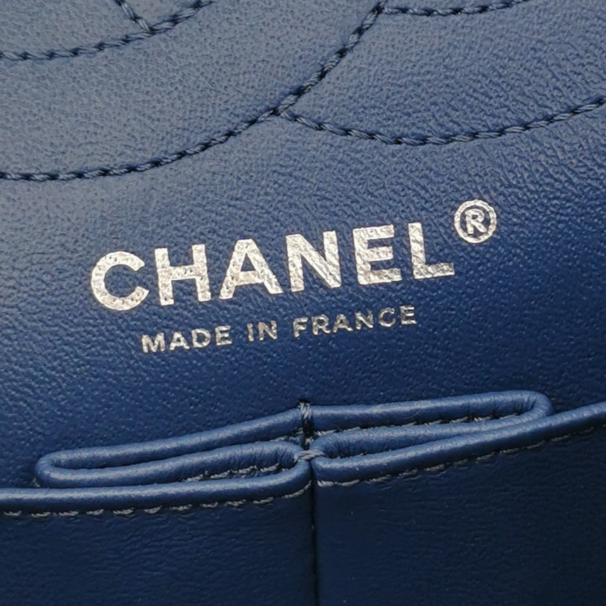 Chanel 2.55 Reissue 225 Double Flap Bag Blue Printed Denim Silver Hardware