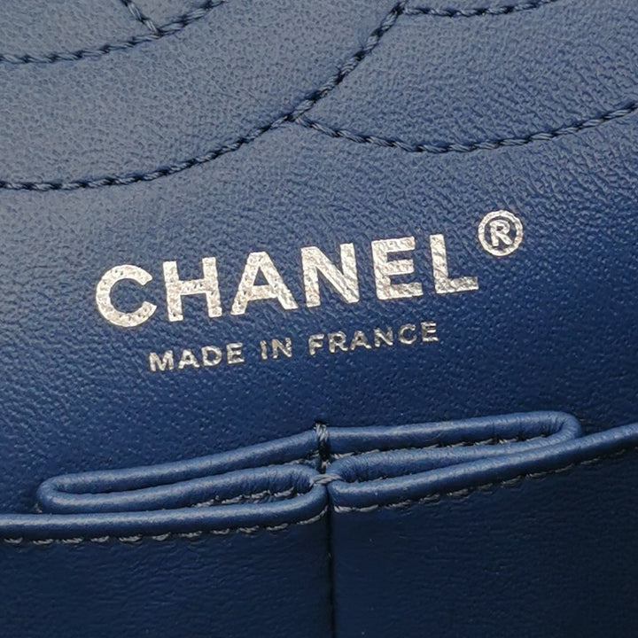 Chanel 2.55 Reissue 225 Double Flap Bag Blue Printed Denim Silver Hardware