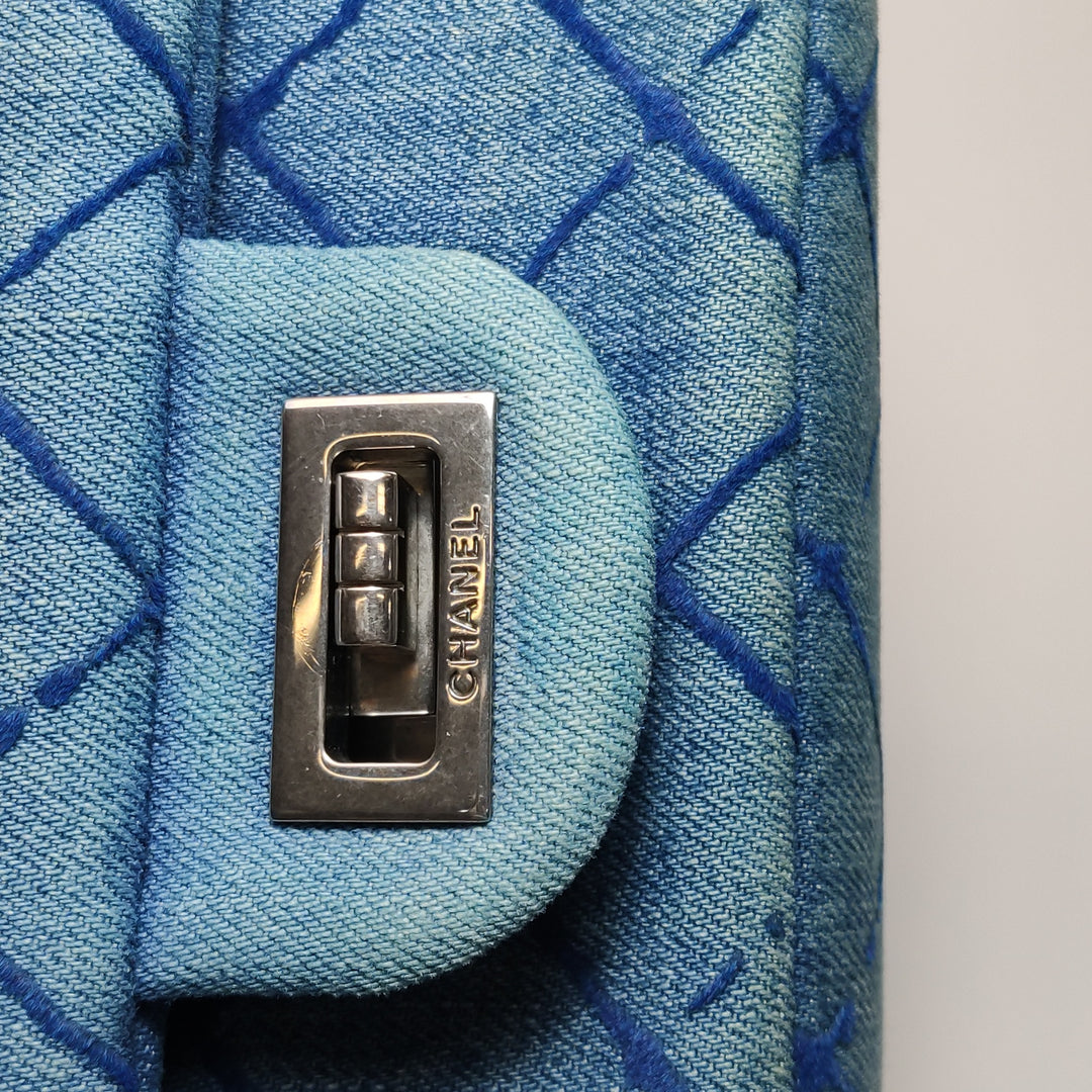 Chanel 2.55 Reissue 225 Double Flap Bag Blue Printed Denim Silver Hardware