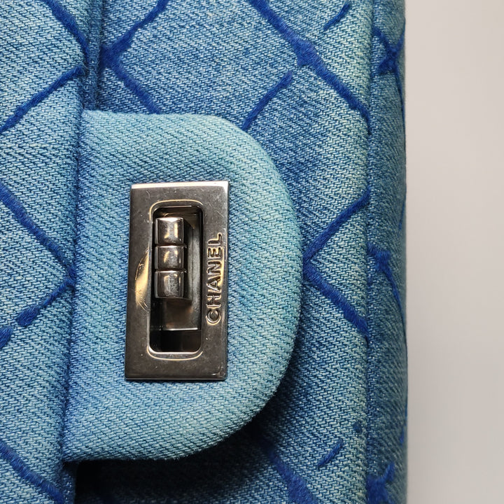 Chanel 2.55 Reissue 225 Double Flap Bag Blue Printed Denim Silver Hardware