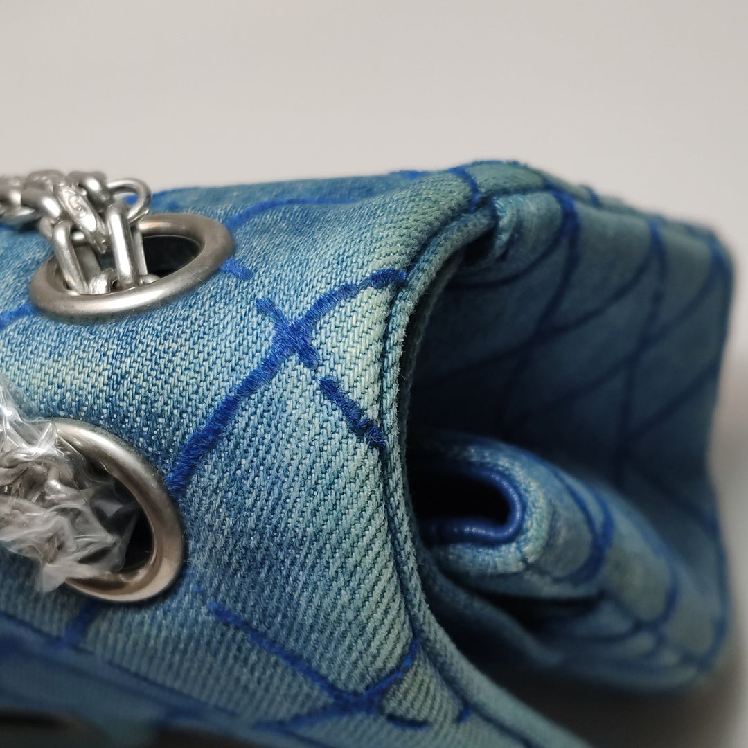 Chanel 2.55 Reissue 225 Double Flap Bag Blue Printed Denim Silver Hardware