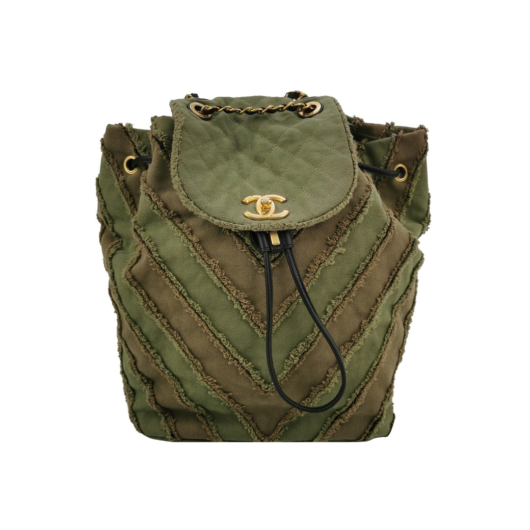 Chanel Coco Cuba Patchwork Chevron Canvas Backpack Khaki Green Gold Hardware