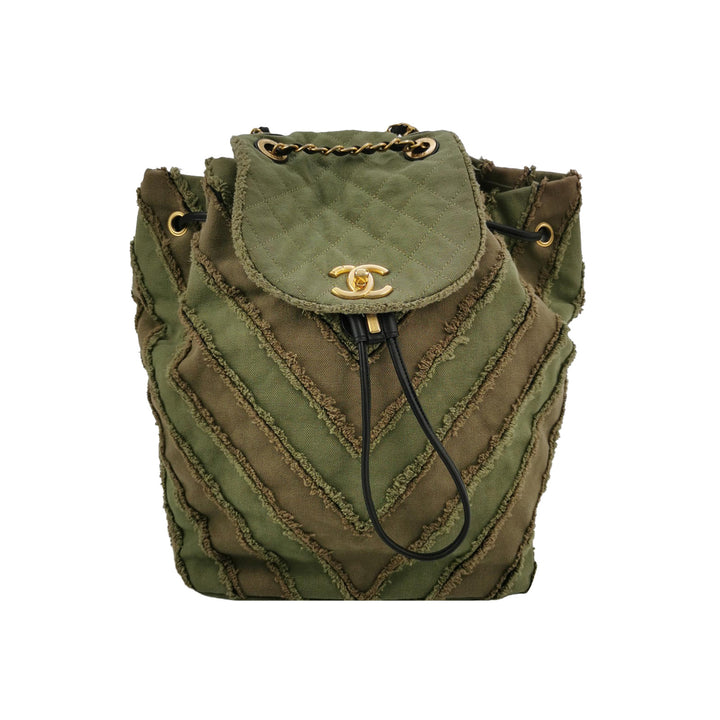 Chanel Coco Cuba Patchwork Chevron Canvas Backpack Khaki Green Gold Hardware