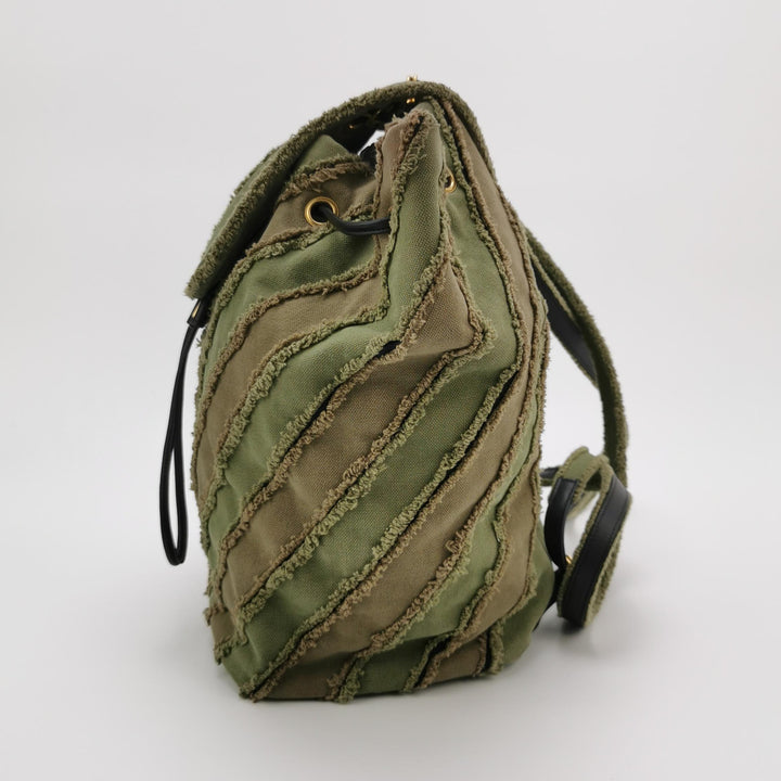 Chanel Coco Cuba Patchwork Chevron Canvas Backpack Khaki Green Gold Hardware
