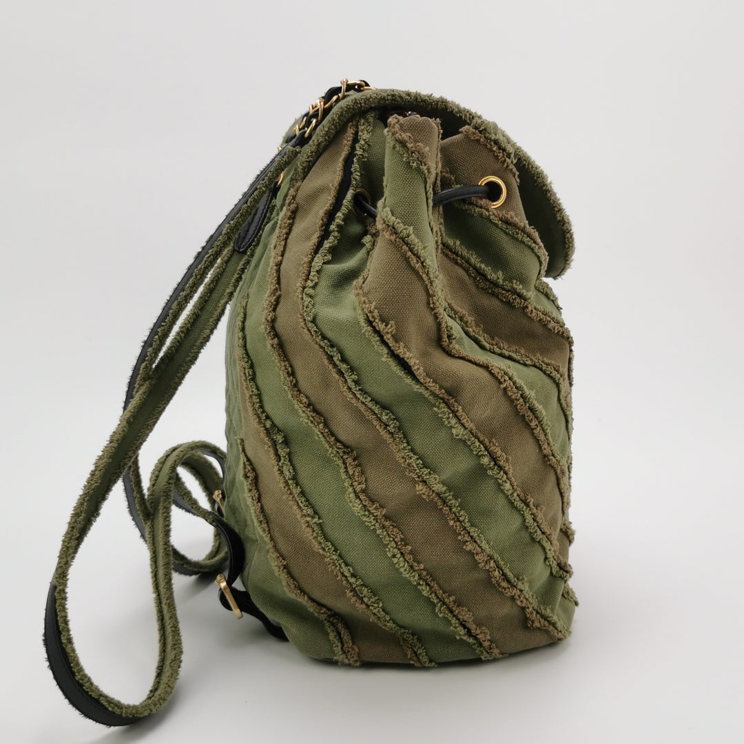 Chanel Coco Cuba Patchwork Chevron Canvas Backpack Khaki Green Gold Hardware