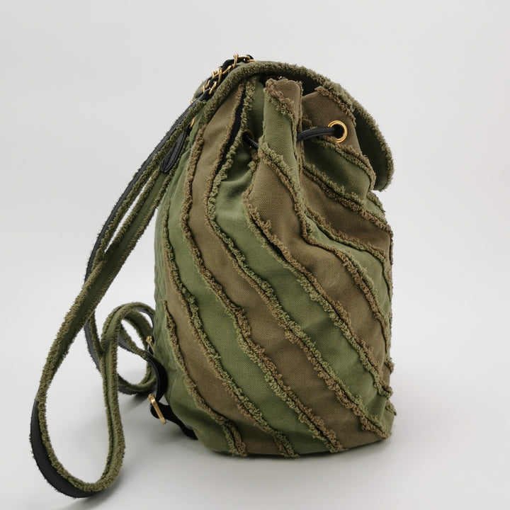 Chanel Coco Cuba Patchwork Chevron Canvas Backpack Khaki Green Gold Hardware