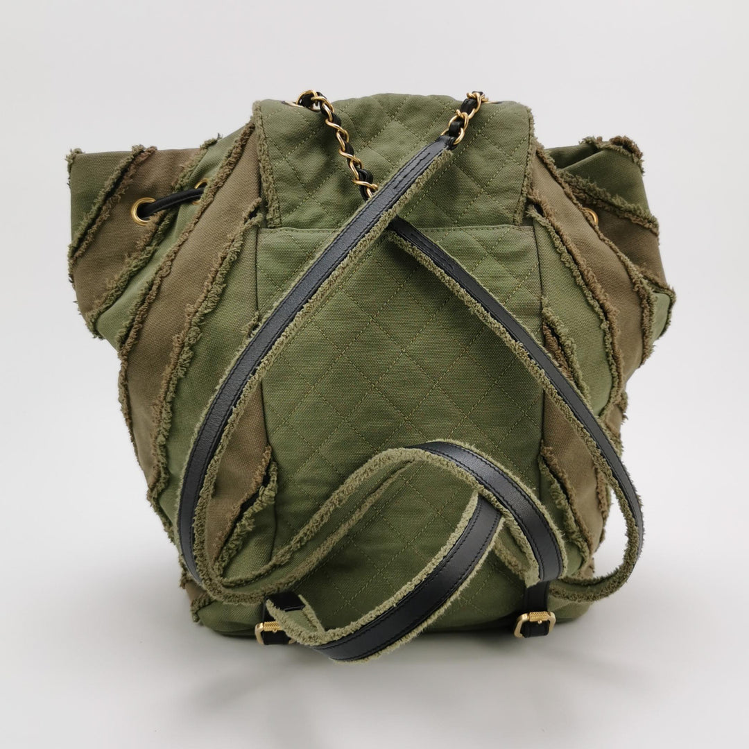 Chanel Coco Cuba Patchwork Chevron Canvas Backpack Khaki Green Gold Hardware