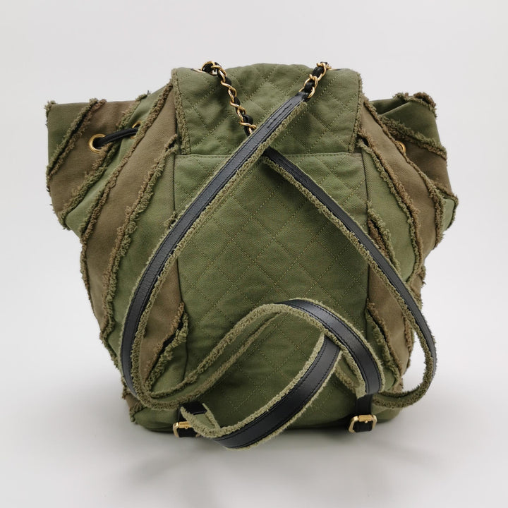 Chanel Coco Cuba Patchwork Chevron Canvas Backpack Khaki Green Gold Hardware