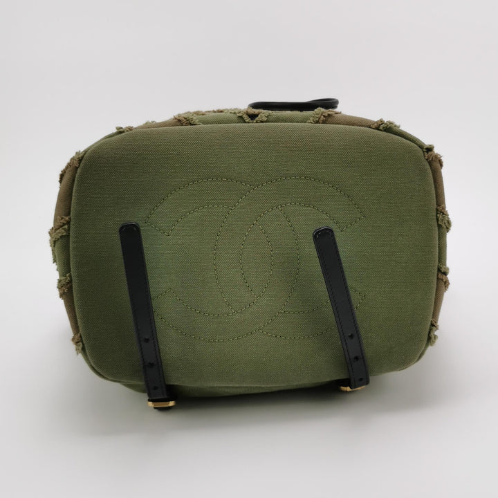 Chanel Coco Cuba Patchwork Chevron Canvas Backpack Khaki Green Gold Hardware
