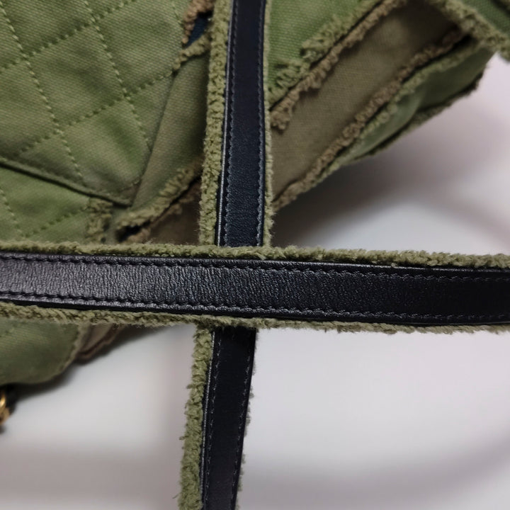 Chanel Coco Cuba Patchwork Chevron Canvas Backpack Khaki Green Gold Hardware