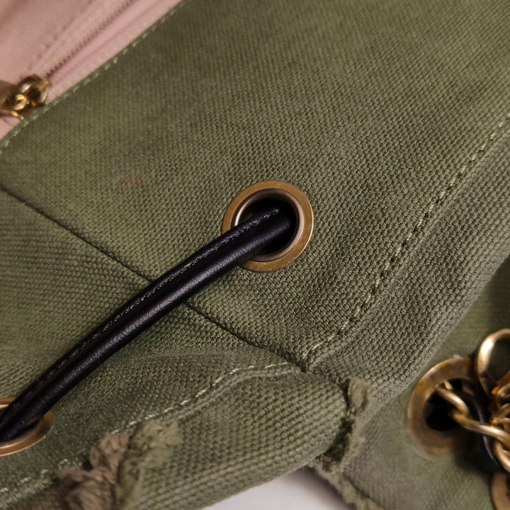 Chanel Coco Cuba Patchwork Chevron Canvas Backpack Khaki Green Gold Hardware