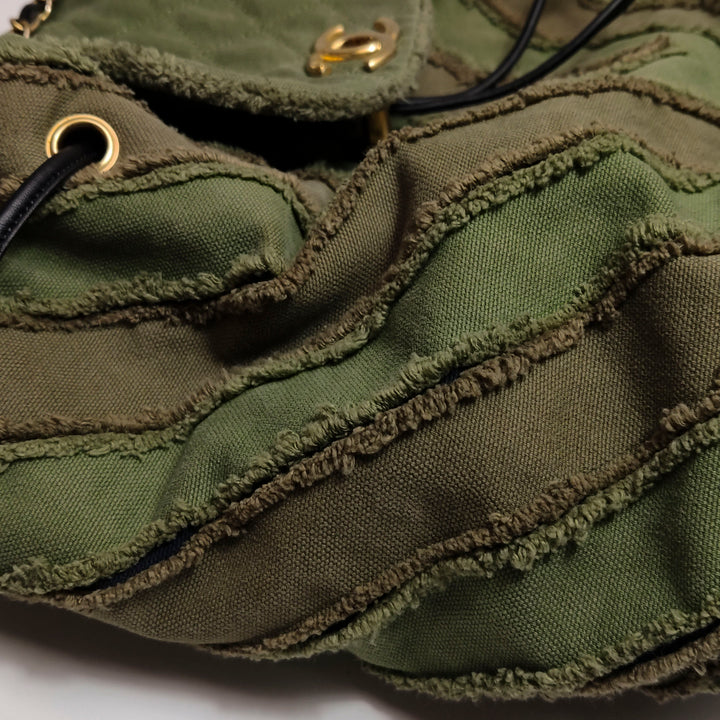Chanel Coco Cuba Patchwork Chevron Canvas Backpack Khaki Green Gold Hardware