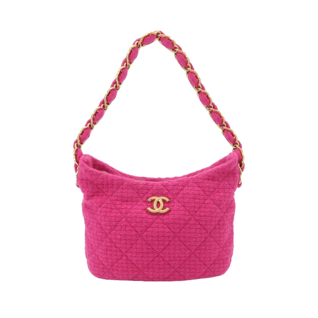 Chanel CC Links Hobo Bag Pink Quilted Tweed Gold Hardware