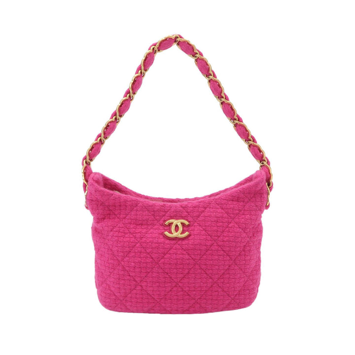 Chanel CC Links Hobo Bag Pink Quilted Tweed Gold Hardware