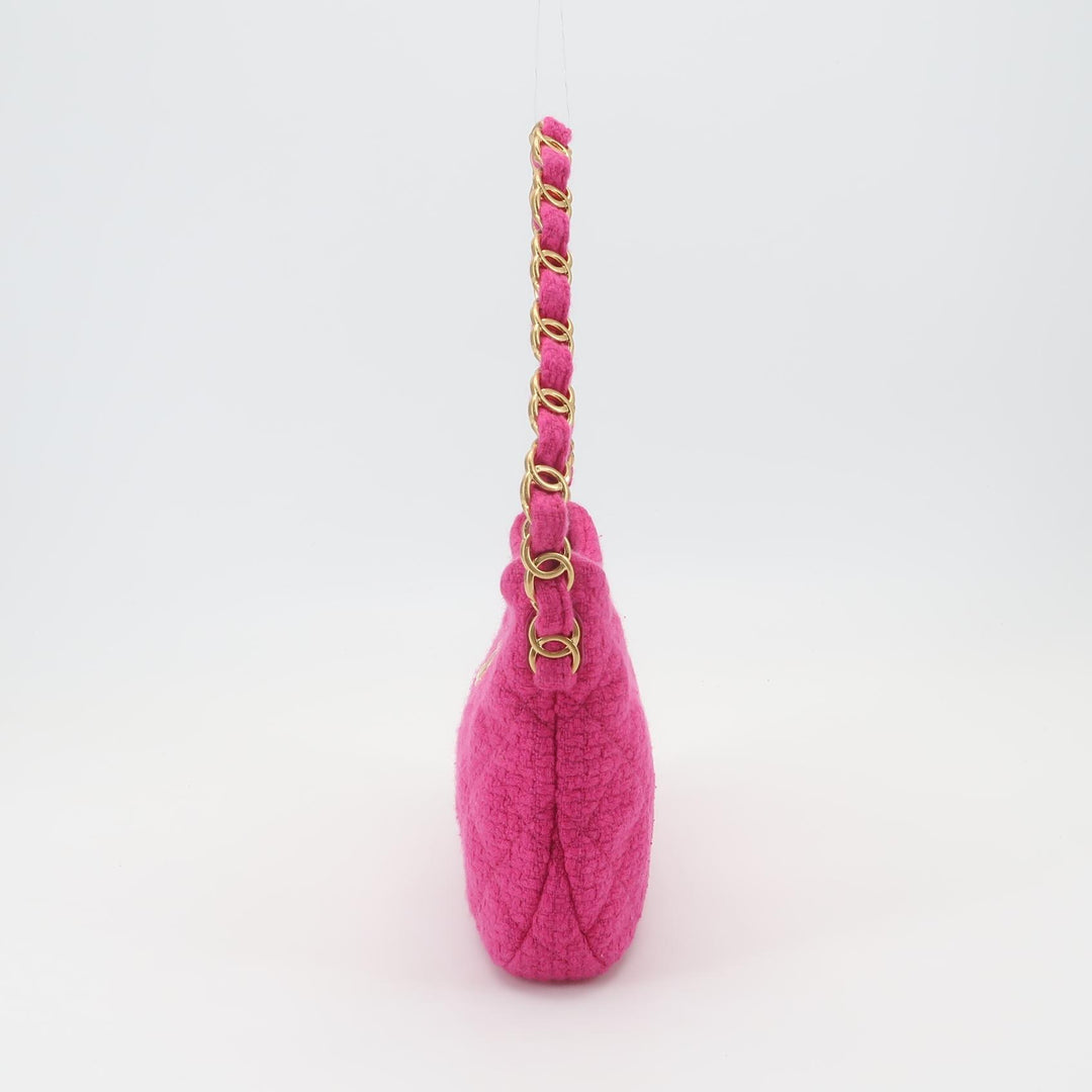 Chanel CC Links Hobo Bag Pink Quilted Tweed Gold Hardware