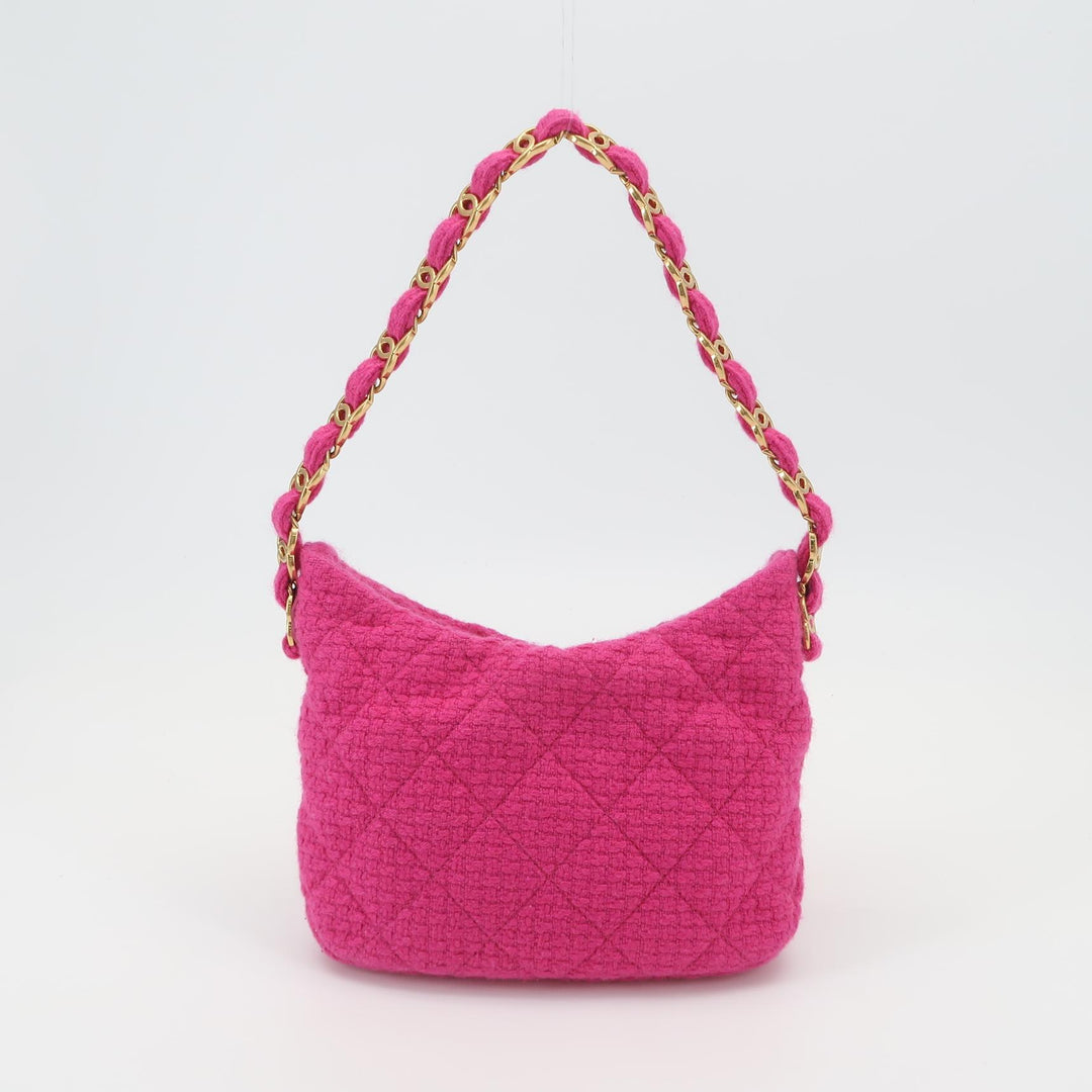 Chanel CC Links Hobo Bag Pink Quilted Tweed Gold Hardware