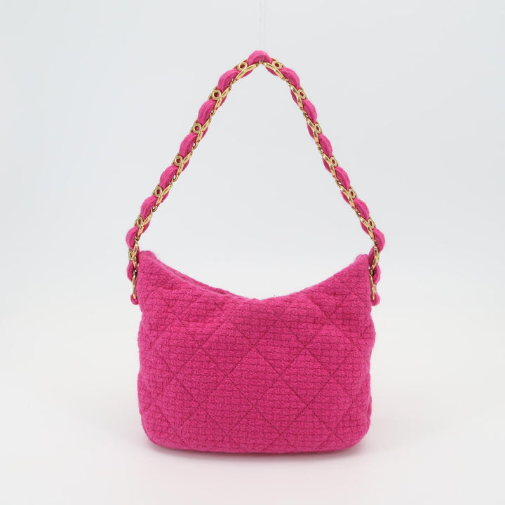Chanel CC Links Hobo Bag Pink Quilted Tweed Gold Hardware