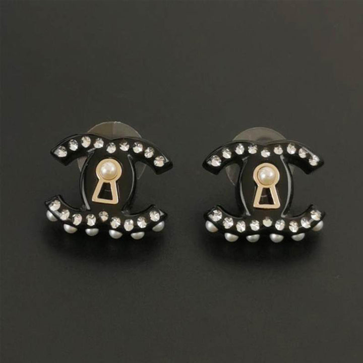 Chanel Black Crystal CC Logo Keyhole Design Earrings